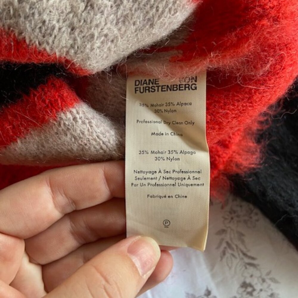 Diane von Furstenberg Chunky Coral Turtleneck Striped Mohair Alpaca Sweater L - Picture 3 of 3